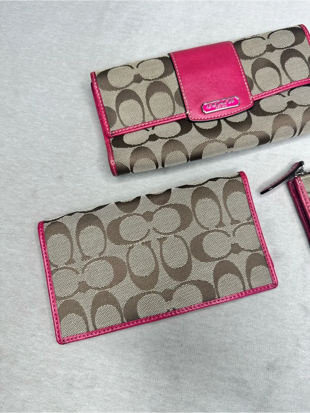 Coach Brown Signature Canvas Wallet & Card Set with Pink Trim